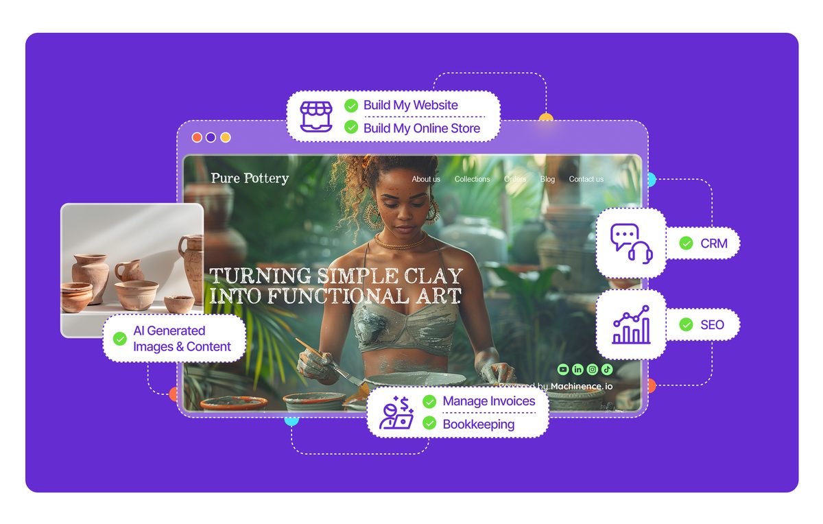 A pottery business website built with Machinence, connected to a store, CRM, SEO, invoicing and bookkeeping