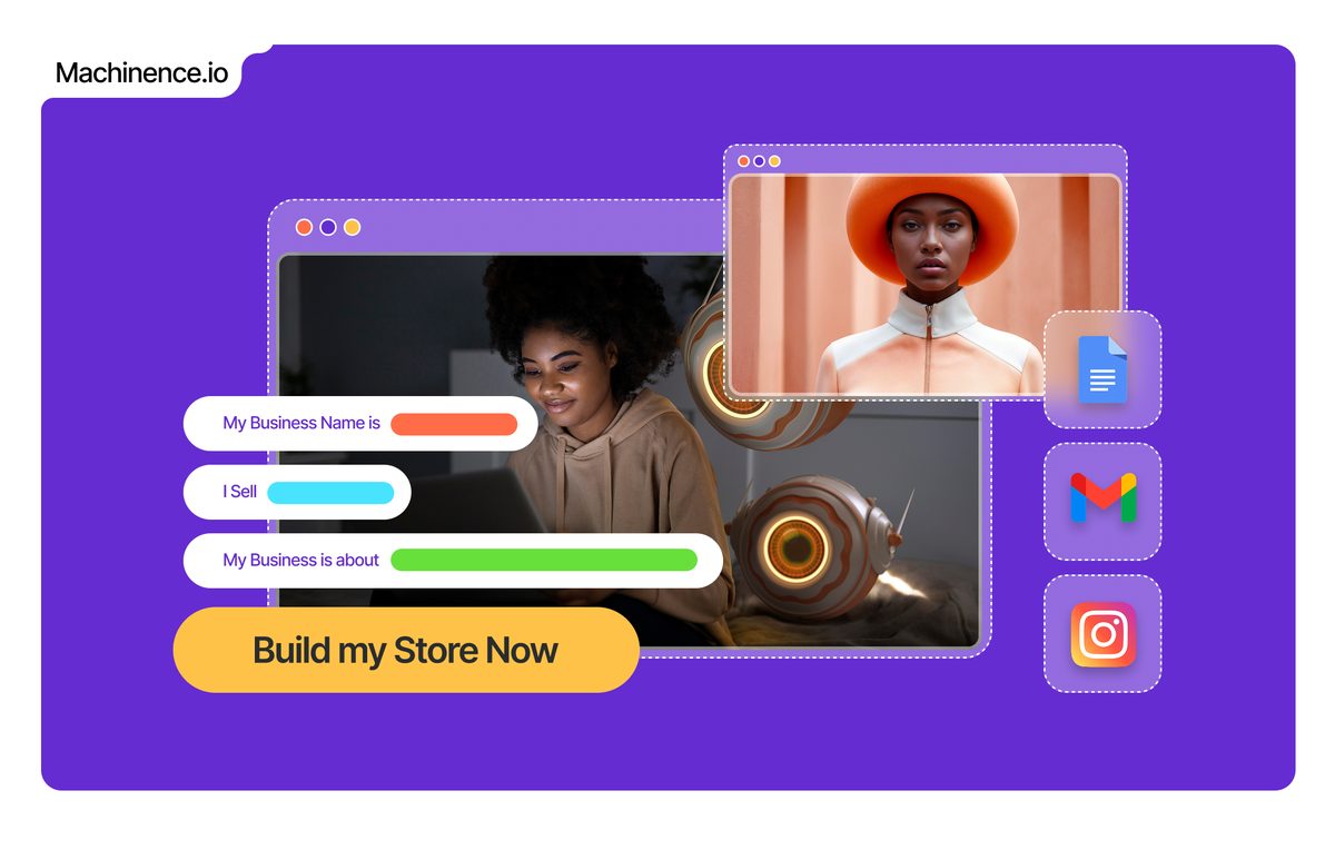 The Machinence AI Store Builder asking for a business name, what you sell and what the business is about