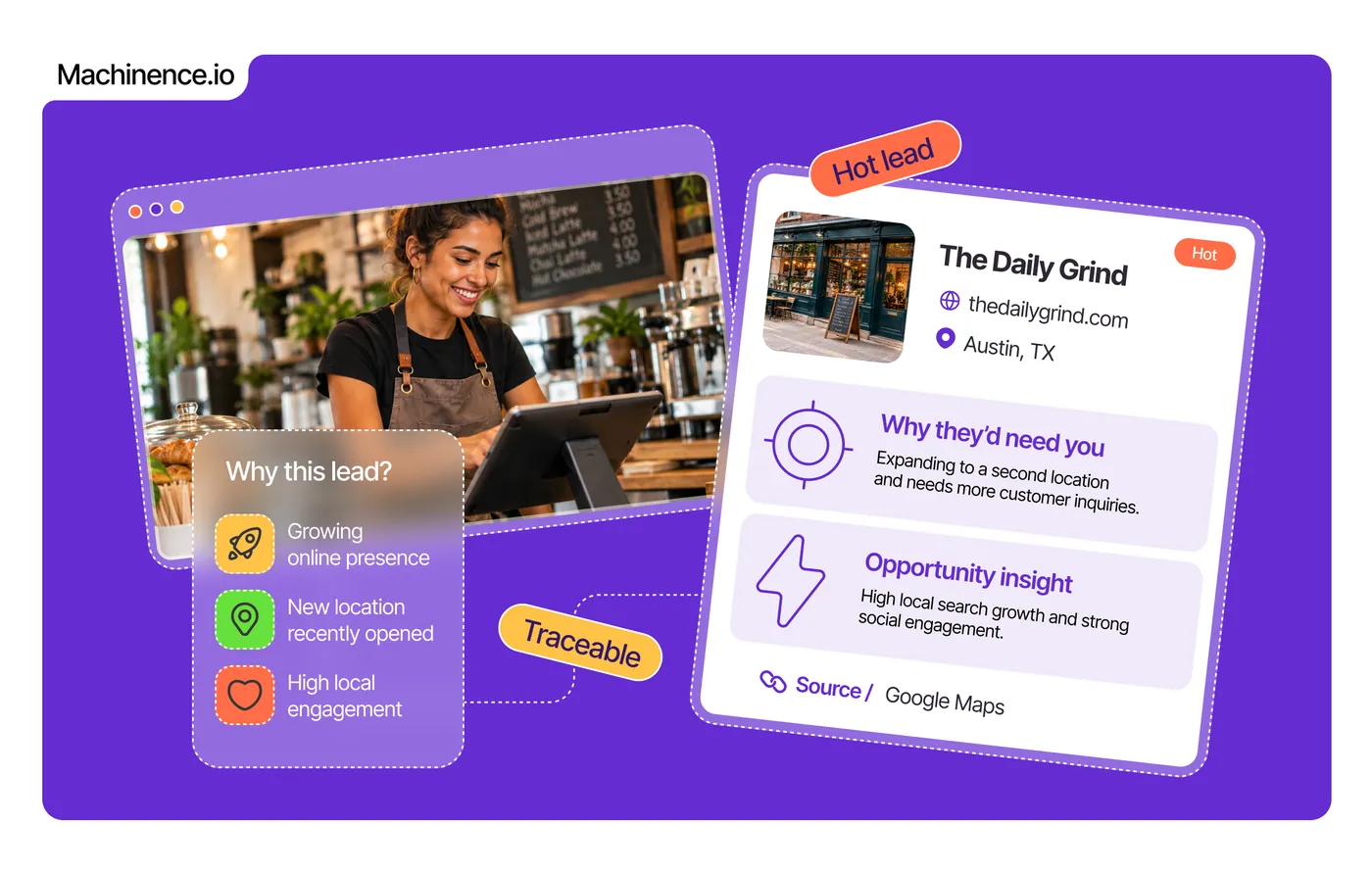 A hot lead in Machinence Find Customers: a cafe expanding to a second location, with why they would need you, an opportunity insight and the public source of the lead