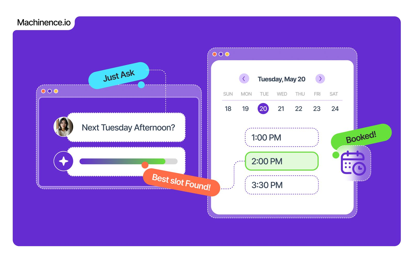 Machinence AI finds the best slot from a plain-English request and books it