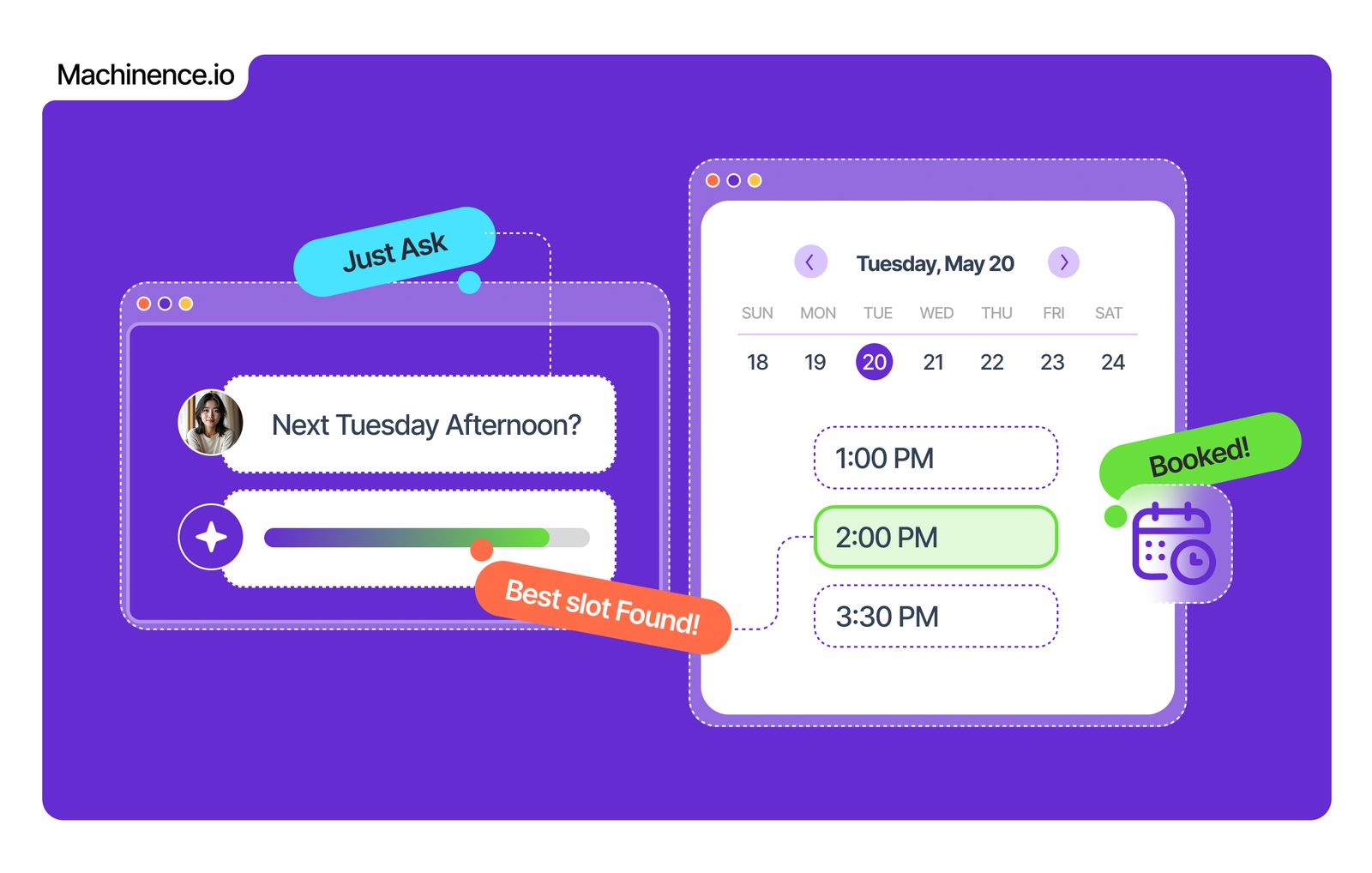 Machinence AI finds the best slot from a plain-English request and books it
